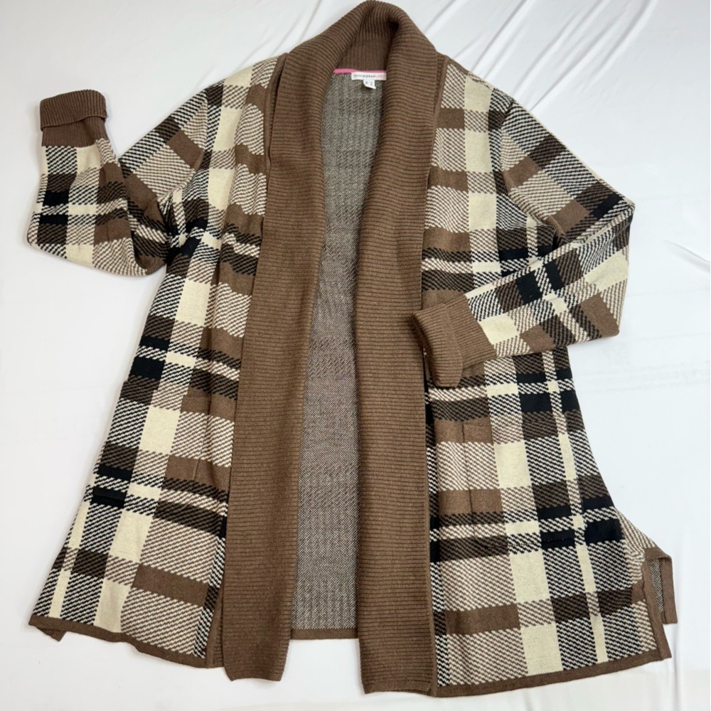 Isaac Mizrahi Live Brown Plaid Shawl Collar Open Front Cardigan Sweater Large